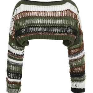 Long Sleeve Crew Neck Hollowed Contrast Color Loose Ladies Tops