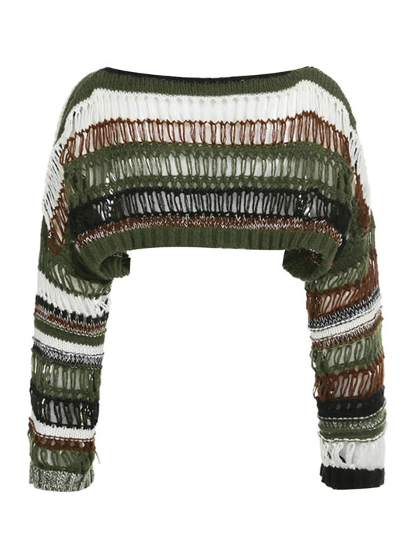 Long Sleeve Crew Neck Hollowed Contrast Color Loose Ladies Tops